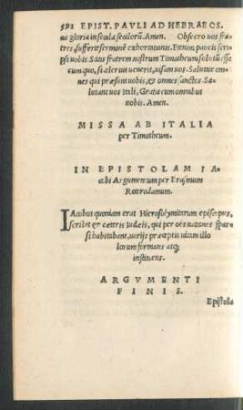 In Epistolam Iacobi Argumentum per Erasmum Roterodamum.