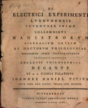 De electrici experimenti Lugdunensis inventore primo