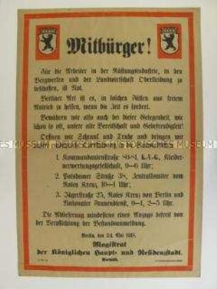 Maueranschlag: Aufruf an die Mitbürger zu Kleiderspenden für Arbeiter der Rüstungsindustrie, Bergwerken und Landwirtschaft