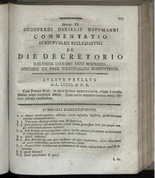 Opusc. VI. Godofredi Danielis Hoffmanni Commentatio Iuris Publici Ecclesiastici De Diedecretorio ...