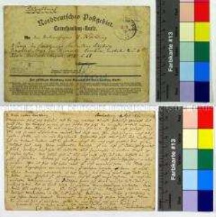 Feldpostkarte des Kameraden Joh. Fröbes an Joseph Köchling aus dem Deutsch-Französischen Krieg mit Grüßen und Bericht seiner Stellung zur See in Dänemark