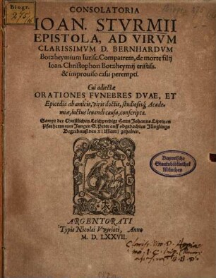Consolatoria epistola ad ... D. Bernh. Botzheymium J. Compatrem, de morte filii J. Ch. Botzheymii