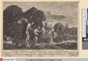 [Der kleine Tobias; Tobias hält einen Fisch unter dem Arm und wird von dem Erzengel Rafael über einen Fluss begleitet; Tobias carrying the fish, walking with the angel]