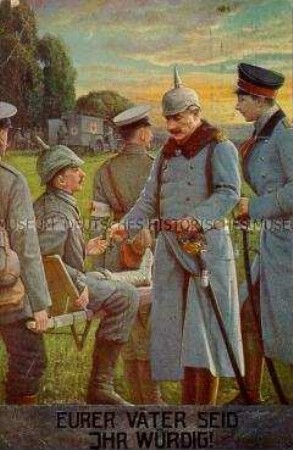 Wilhelm II. und Kronprinz Wilhelm verleihen einem Verwundeten das Eiserne Kreuz