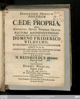Dissertatio Moralis Posterior De Cæde Propria