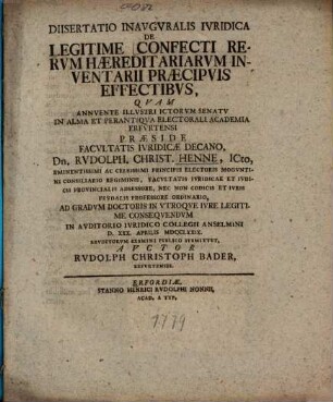Diisertatio Inavgvralis Ivridica De Legitime Confecti Rervm Haereditariarvm Inventarii Praecipvis Effectibvs