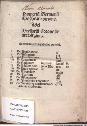 Pomeriu[m] Sermonu[m] De Beata virgine. Vel Stellariu[m] Corone beate virginis : Et est in duodecim libellos partitu[m]. j De Annu[n]tiatione ... ij De Visitatione ... iij De Purificatione ... beate virginis Marie ...