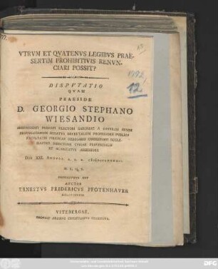 Vtrvm Et Qvatenvs Legibvs Praesertim Prohibitivis Renvnciari Possit? : Dispvtatio