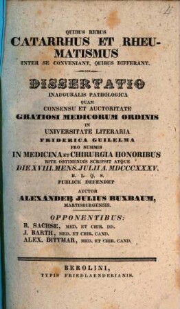 Quibus rebus catarrhus et rheumatismus inter se conveniant, quibus differant : Diss. inaug. pathol.