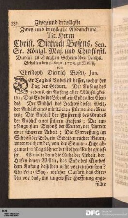 Zwey und dreyßigste Abdanckung. Tit. Herrn Christ. Dietrich Bosens...
