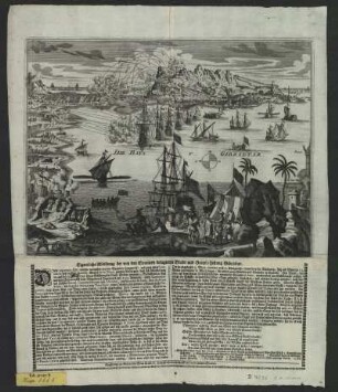 Ansicht von Gibraltar, Kupferstich, 1727 : Eigentliche Abbildung der von den Spaniern belagerten Stadt und Hauptfestung Gibraltar. - Augspurg : Elias Baeck , [1727]. - 1 Ansicht : Kupferstich ; 37 x 28 cm +++ Mit Erläuterungen