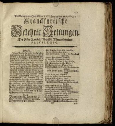 Num. XXXI. Freytags den 12. April 1754 - Num. XL. Dienstags, den 14. May 1754
