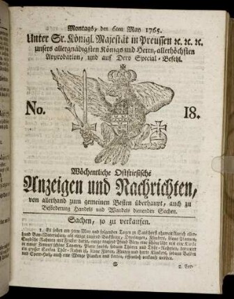 No. 18. Montags, den 6ten May 1765.