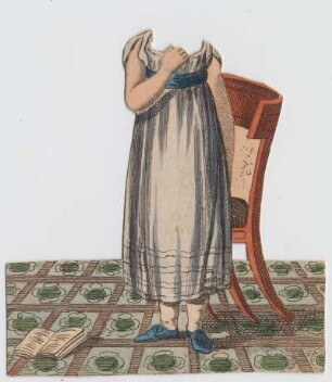 Weißes Anziehpuppenkleid im Empire-Stil mit blauem Band : Weißes Anziehpuppenkleid im Empire-Stil mit blauem Band. Aus:Lottchen, 3. Heft. Verwandlungen. Leipzig: Carl Tauchnitz Verlag. Papier, farbig bedruckt; Höhe ca. 8,8 cm. 1800/1835. Meißen: Stadtmuseum 328/84 B