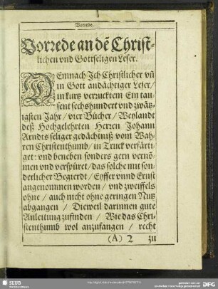 Vorrede an de[n] Christlichen und Gottseligen Leser