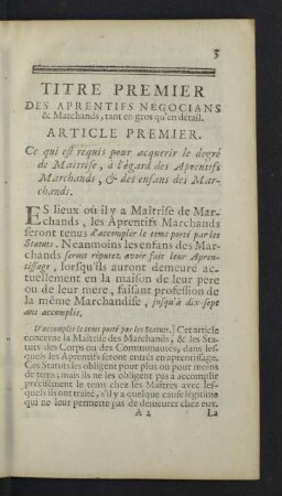 Titre premier. Des aprentifs négocians & marchands, tant en gros qu'en détail.