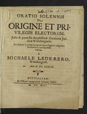 Oratio Solennis De Origine Et Privilegiis Electorum