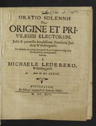 Oratio Solennis De Origine Et Privilegiis Electorum