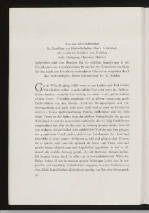 Aus den Abschiedsworten Sr. Exzellenz des Hochwürdigsten Herrn Erzbischofs Dr. Conrad Gröber von Freiburg