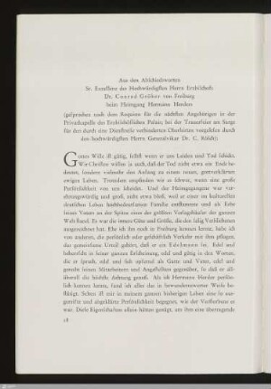 Aus den Abschiedsworten Sr. Exzellenz des Hochwürdigsten Herrn Erzbischofs Dr. Conrad Gröber von Freiburg