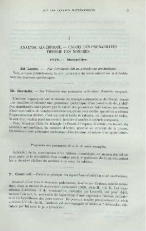 I. ANALYSE ALGÉBRIQUE.- CALCUL DES PROBABILITÉS. THÉORIE DES NOMBRES.