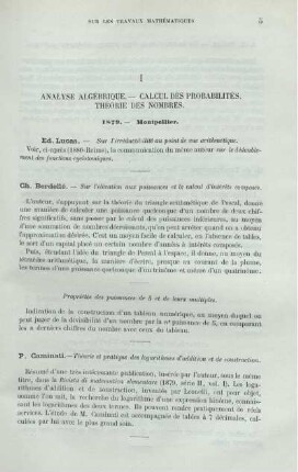 I. ANALYSE ALGÉBRIQUE.- CALCUL DES PROBABILITÉS. THÉORIE DES NOMBRES.