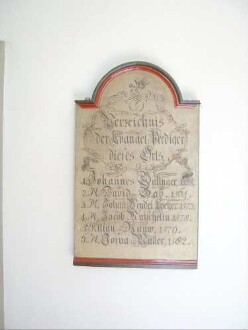 Langhaus Innen-Tafel mit Namen und Jahr der Evangelischen Prediger im 16 Jahrhundert