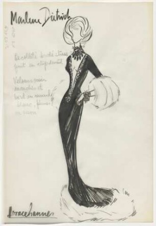 Marlene Dietrich - Ein schmales, tief ausgeschnittenes Kleid mit Pelzbesatz und Muff (Archivtitel)