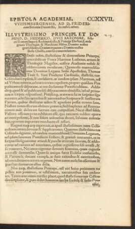 Epistola Academiae. Witembergensis, Ad D. Fridericum Saxoniae Ducem &c. In causa Lutheri.