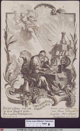 Portrait des Paracelsus, als Gelehrter und Forscher am Tisch sitzend.