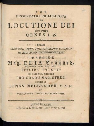 Dissertatio Philologica De Locutione Dei naʿaśeh adam Genes. I, 26