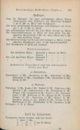 Posttaxen. Tarif für Telegramme. [Standort der Feuerpfosten. Kirchliche Gebühren.]