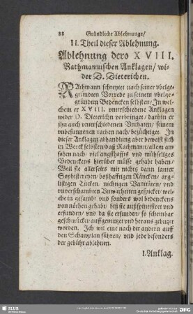 II. Theil dieser Ablehnung. Ablehnung dero XVIII. Rathmannschen Anklagen, wider D. Dieterichen