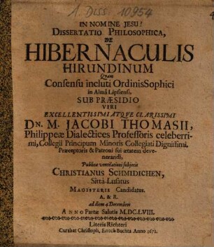 Dissertatio Philosophica, De Hibernaculis Hirundinum