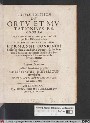 Theses Politicae De Ortu Et Mutationibus Regnorum