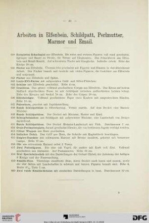 Arbeiten in Elfenbein, Schildpatt, Perlmutter, Marmor und Email (Nr. 640-660)
