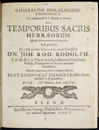 Dissertatio Philologico Theologica. Pro consequendo S. S. Ministerij honore, De Temporibus Sacris Hebræorum