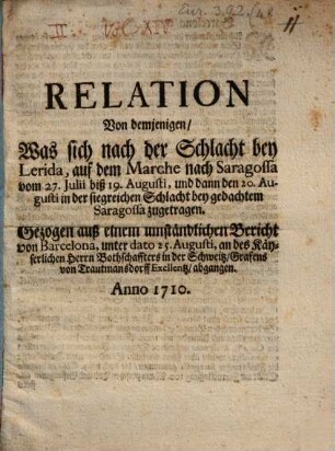 Relation von demjenigen, was sich nach der Schlacht bey Lerida ... zugetragen