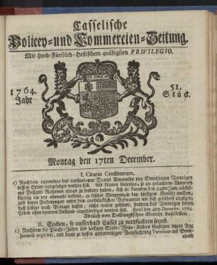 51. Stueck, Montag den 17ten December 1764