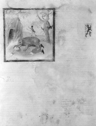 Bär, einen Menschen anfallend. Illustration und Textseite aus: Hanns Jacob Fugger, Ehrenspiel des Hauses Oesterreich..., 1555. Dresden, SLUB L.2