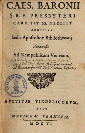 Caes. Baronii paraenesis ad republicam Venetam