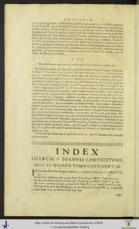 Index operum S. Joannis Chrysostomi quae in quarto tomo continentur.