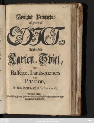 Königlich-Preußisches allgemeines Edict, Wieder das Carten-Spiel, von Bassette, Landsquenets und Pharaon : De Dato Berlin, des 19. Septembris, 1731.