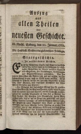 III. Nachl. Coburg, den 20. Januar, 1762.