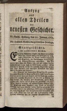III. Nachl. Coburg, den 20. Januar, 1762.