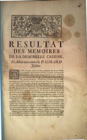Resultat Des Memoires De La Demoiselle Cadiere, Et Adhérants contre le P. Girard Jesuite