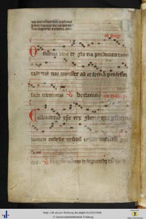 [181v] Magnificat-Antiphon "O thama (Thoma) laus et gloria" und Benedictus-Antiphon "Collaudetur Christus rex" (Nachtrag, 14.-15. Jh.).