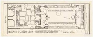 Hausgarten Dr. Schröder, Lübeck: Plan des Gartens im Grundriss mit Erdgeschoss-Grundriss des Wohnhauses 1:200, Maßstabsleiste, Bezeichnung einzelner Teile, Legende
