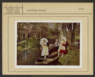 Spreewaldmotiv für Ansichtskarte: Festtagstracht aus dem Spreewald und Landschaft. : Motiw za pohladnicu: Swjedźenska drasta Błótowčankow a Błótowska krajina.