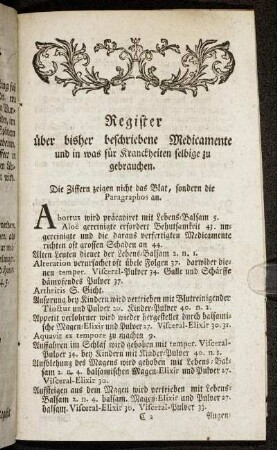 Register über bisher beschriebene Medicamente und in was für Kranckheiten selbige zu gebrauchen.